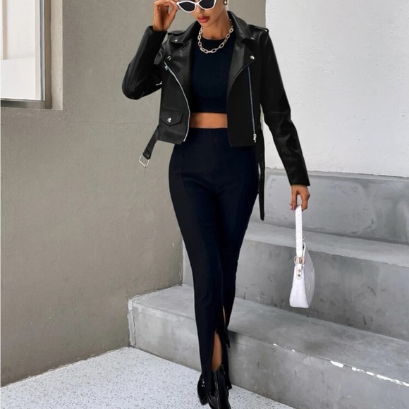 Black Zip Up Belted PU faux Leather Moto Jacket - Picture 3 of 5